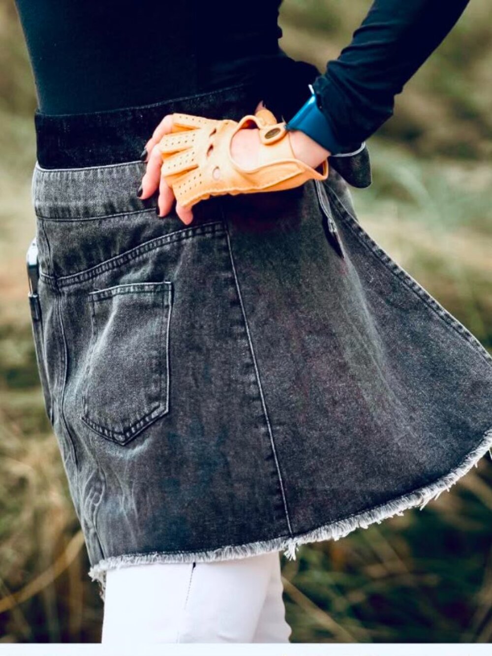 Women's Black Denim Waist Apron with Tie Belt